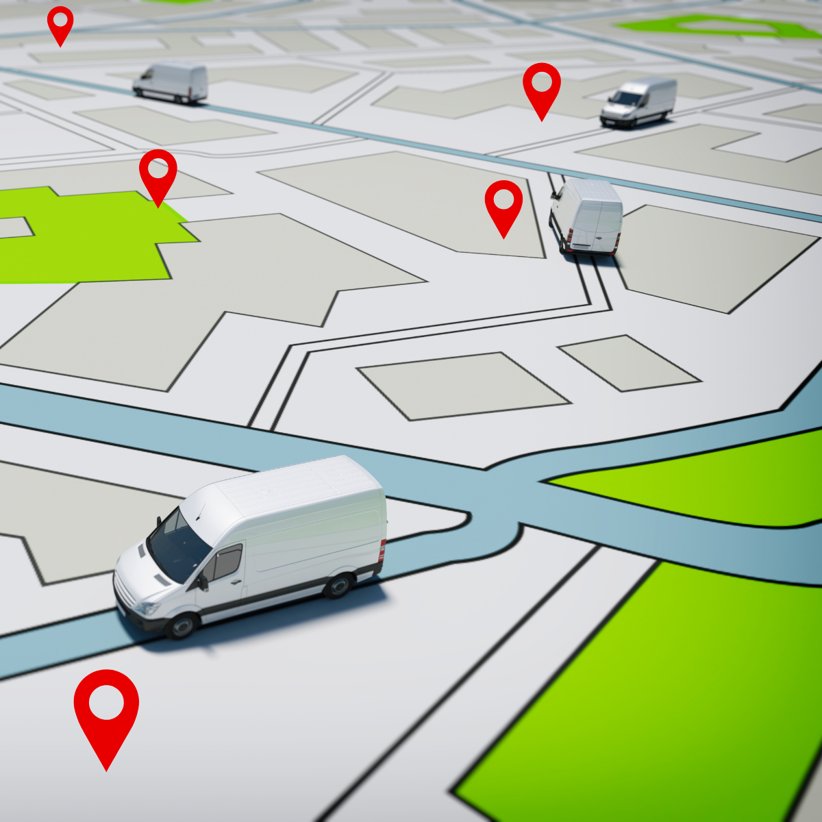 A map featuring several white delivery vans positioned across different locations, each marked with red location pins. The map includes streets, buildings, and green areas, suggesting a bustling urban environment. This representation highlights the importance of accurate address information and efficient delivery logistics, tying directly into the theme of defining the 'perfect' mailing address.