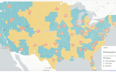 Map of the United States showing RTO campuses activated in teal, Not RTO areas in orange, and yet-to-be-activated RTO areas in yellow.
